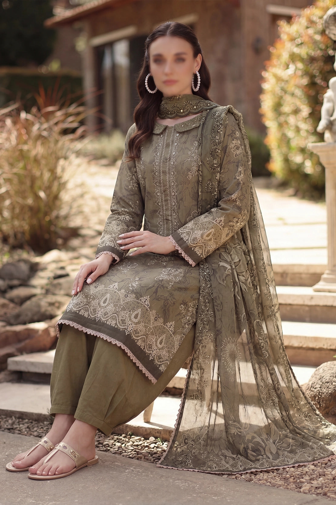 3 Piece - Embroidered Slub Lawn - Qalaa 128
