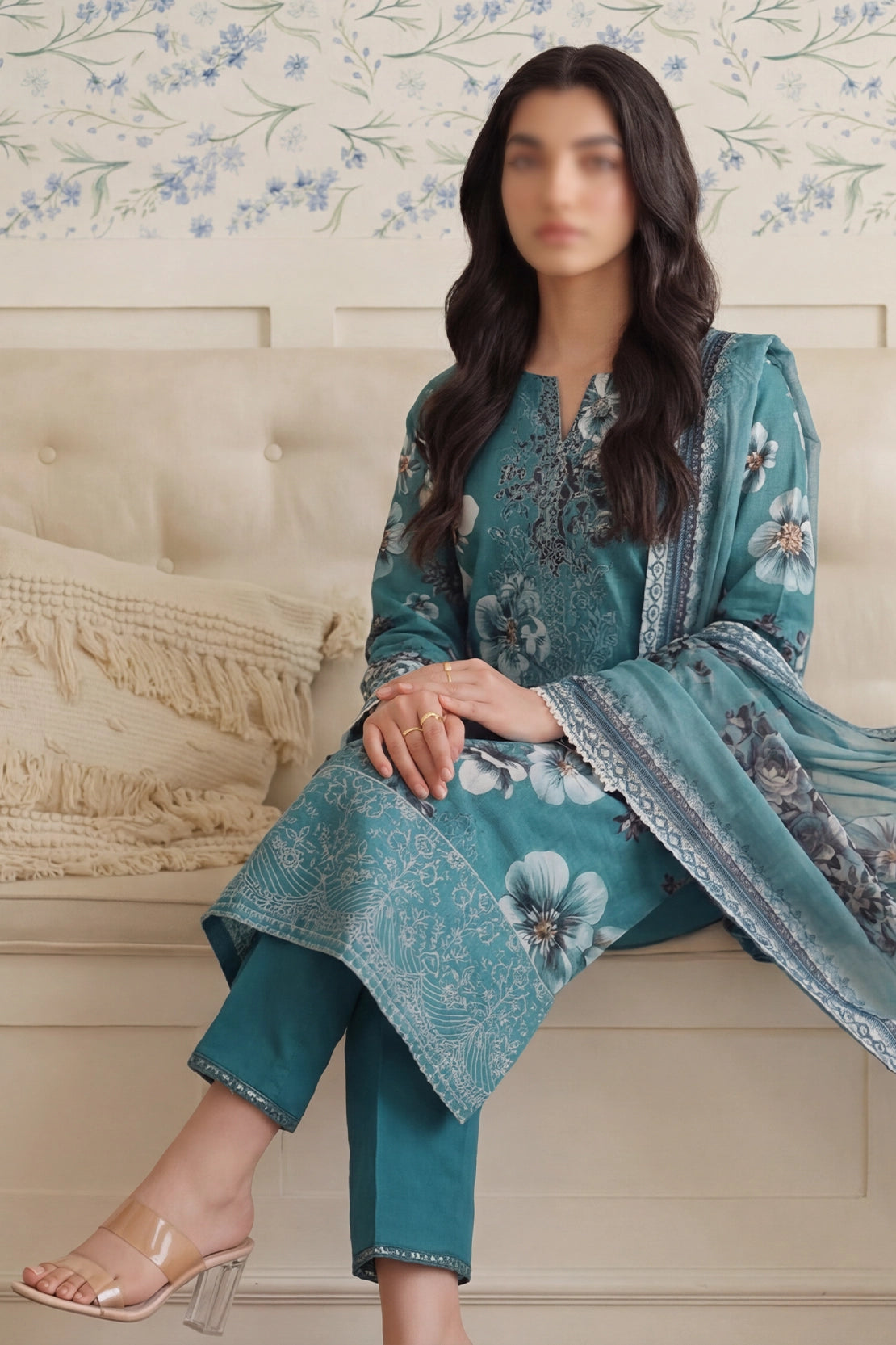3 Piece - Embroidered Doriya Lawn - Saffron 127