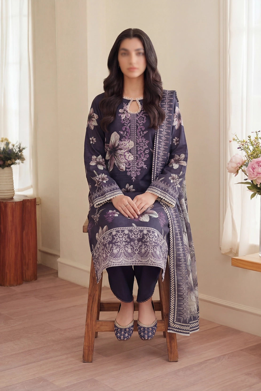 3 Piece - Embroidered Doriya Lawn - Saffron 129