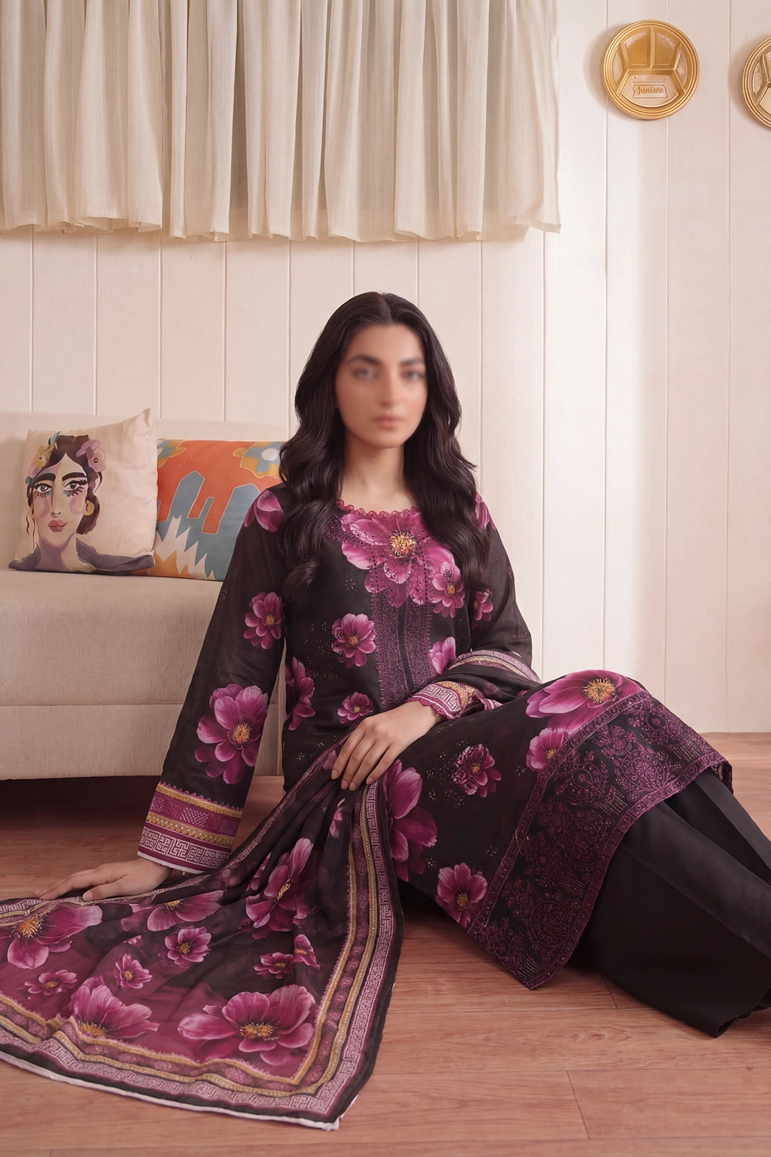 3 Piece - Embroidered Doriya Lawn - Saffron 132