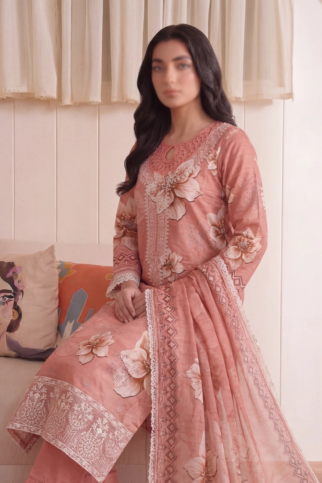 3 Piece - Embroidered Doriya Lawn - Saffron 133