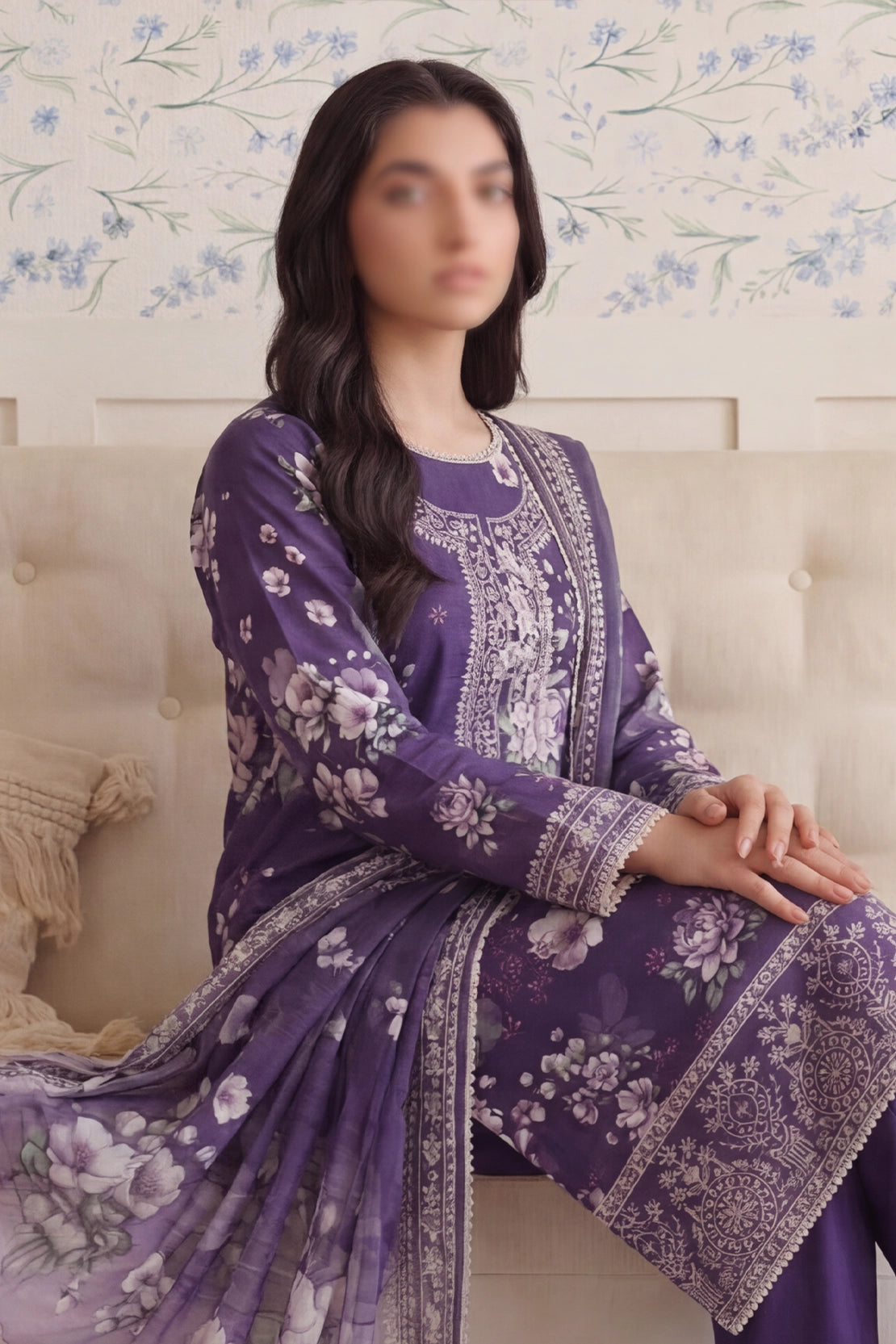 3 Piece - Embroidered Doriya Lawn - Saffron 135