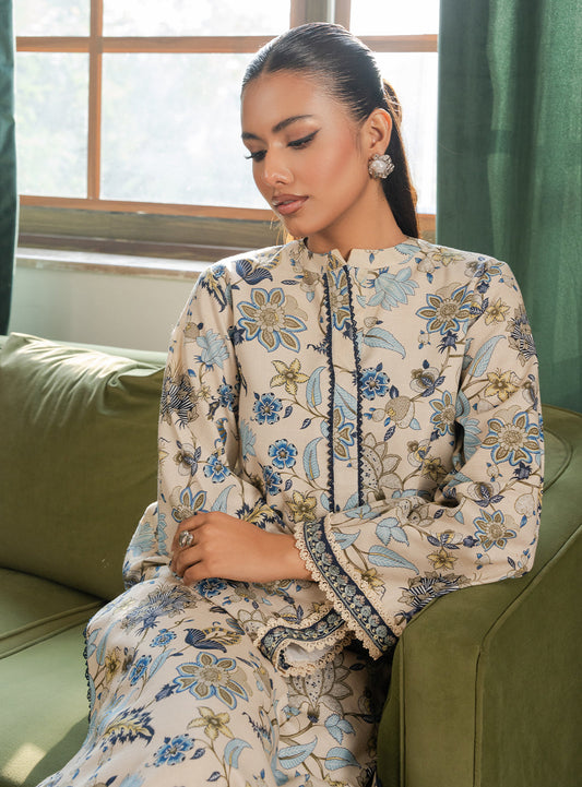 2 Piece - Printed Khaddar - Ivory Mist