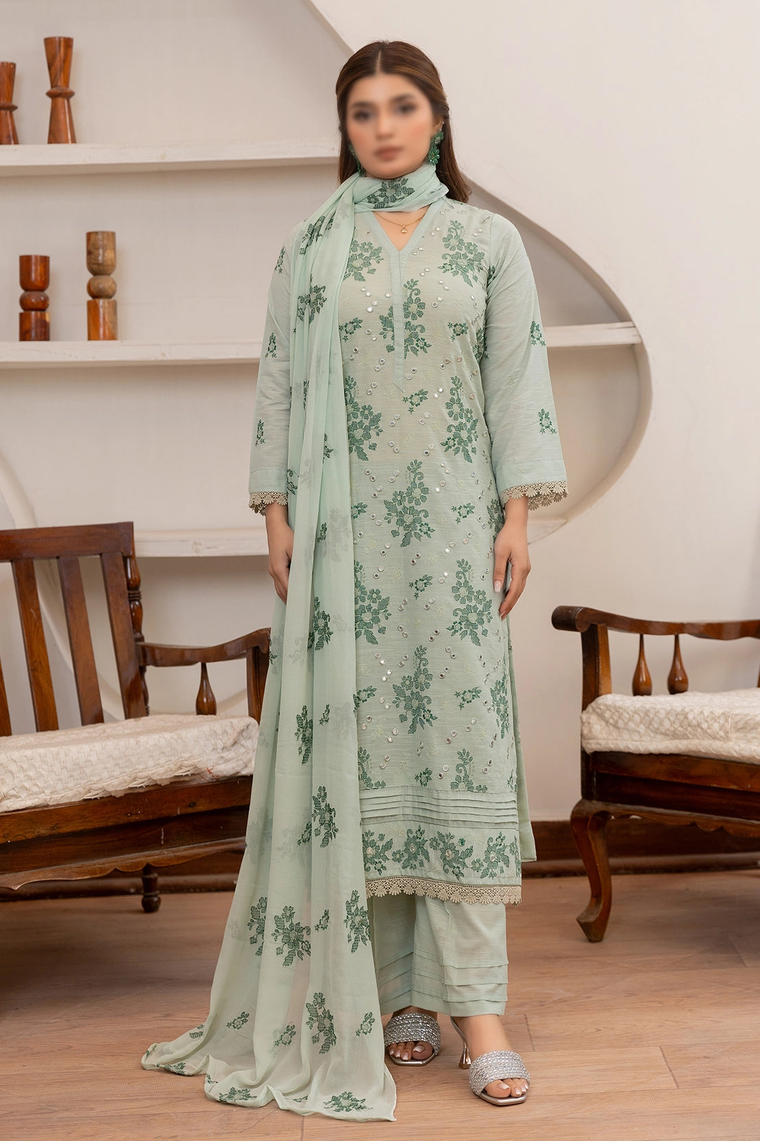3 Piece - Embroidered Lawn Slub Karandi - Nafees 105