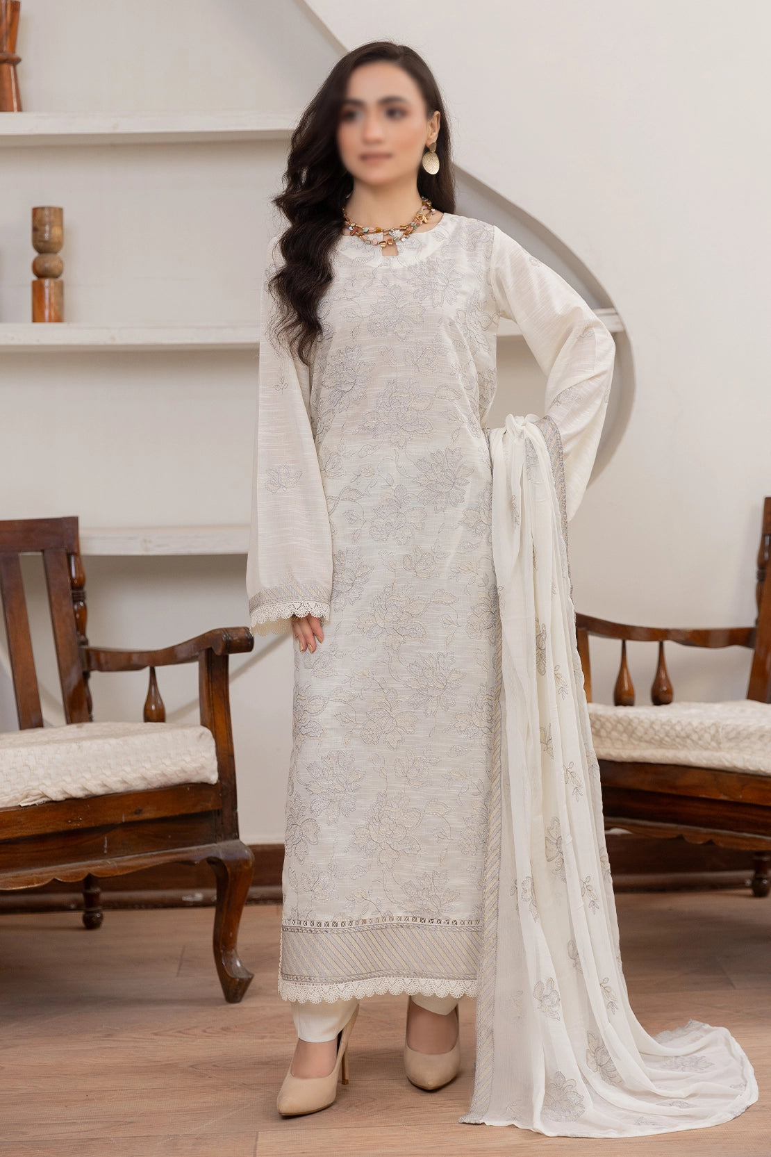 3 Piece - Embroidered Lawn Slub Karandi - Nafees 106