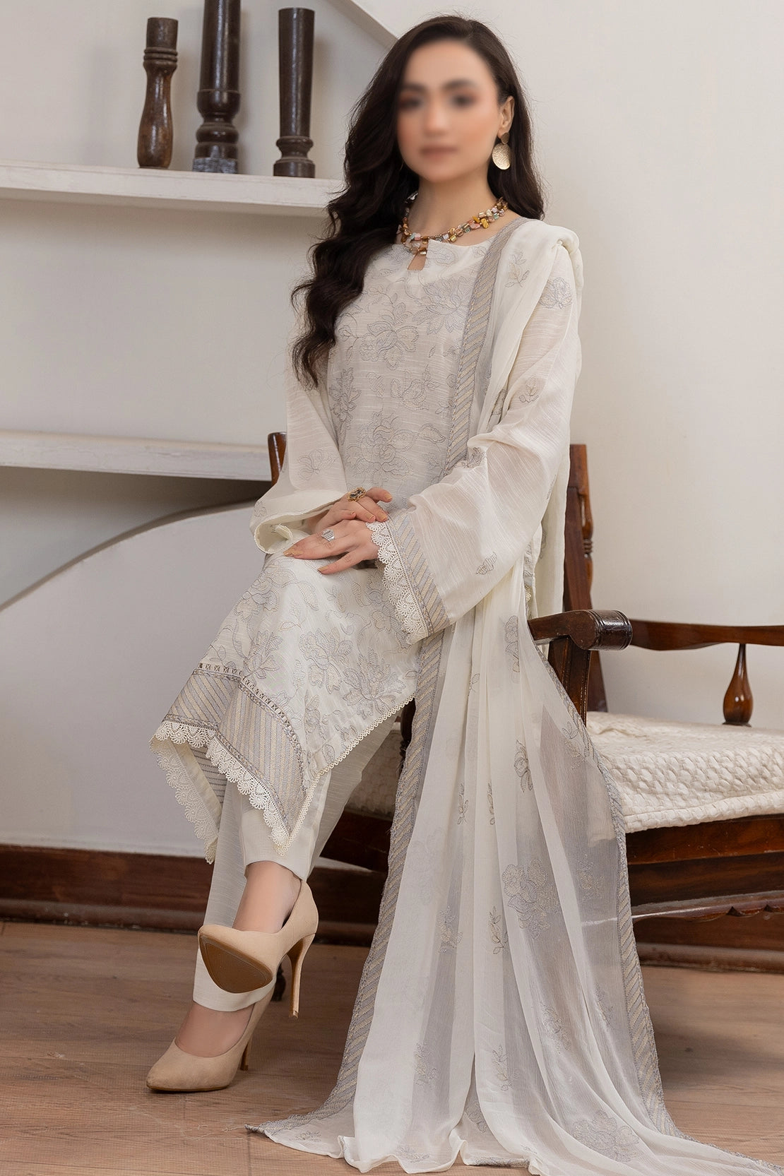 3 Piece - Embroidered Lawn Slub Karandi - Nafees 106