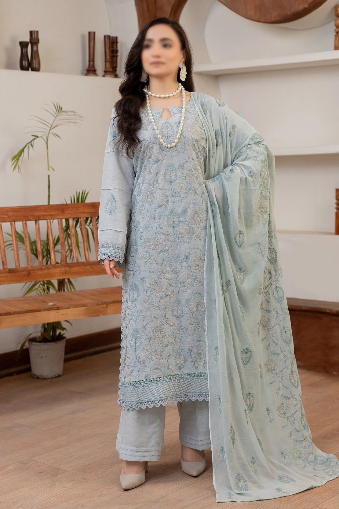 3 Piece - Embroidered Lawn Slub Karandi - Nafees 107