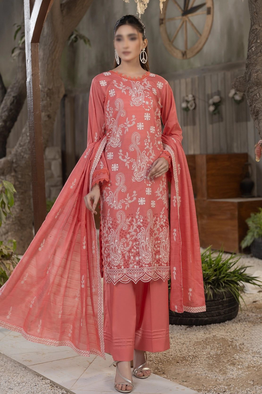 3 Piece - Embroidered Slub Lawn - Reet 107