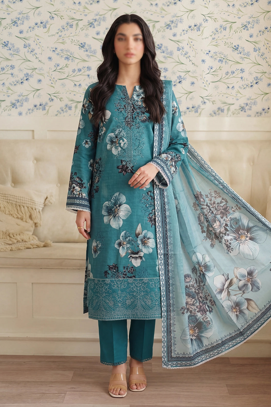 3 Piece - Embroidered Doriya Lawn - Saffron 127