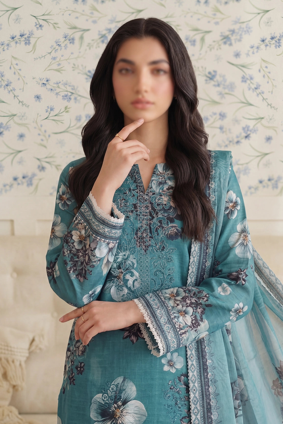 3 Piece - Embroidered Doriya Lawn - Saffron 127