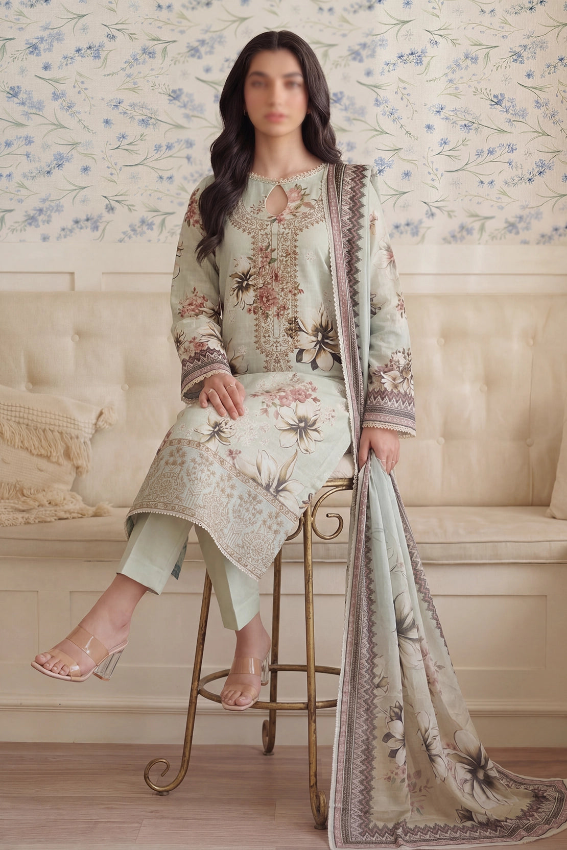 3 Piece - Embroidered Doriya Lawn - Saffron 128