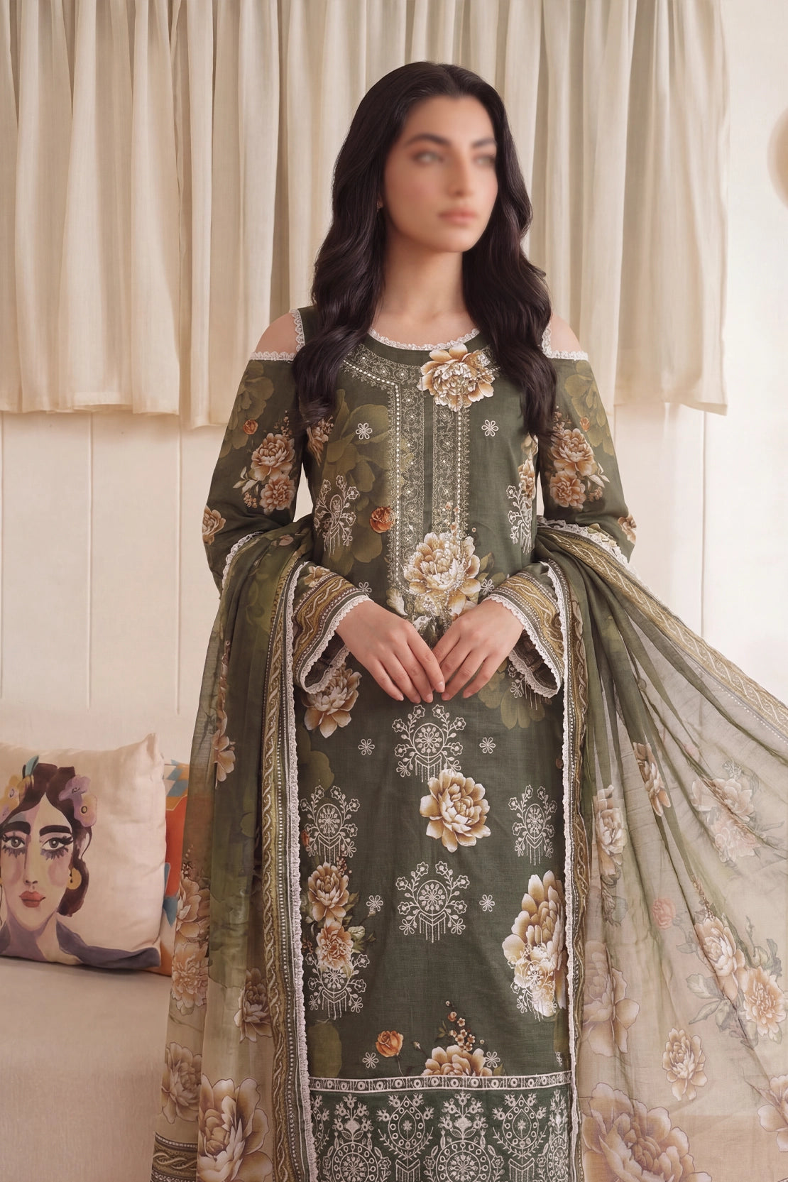 3 Piece - Embroidered Doriya Lawn - Saffron 131