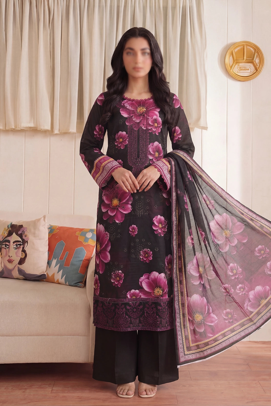 3 Piece - Embroidered Doriya Lawn - Saffron 132