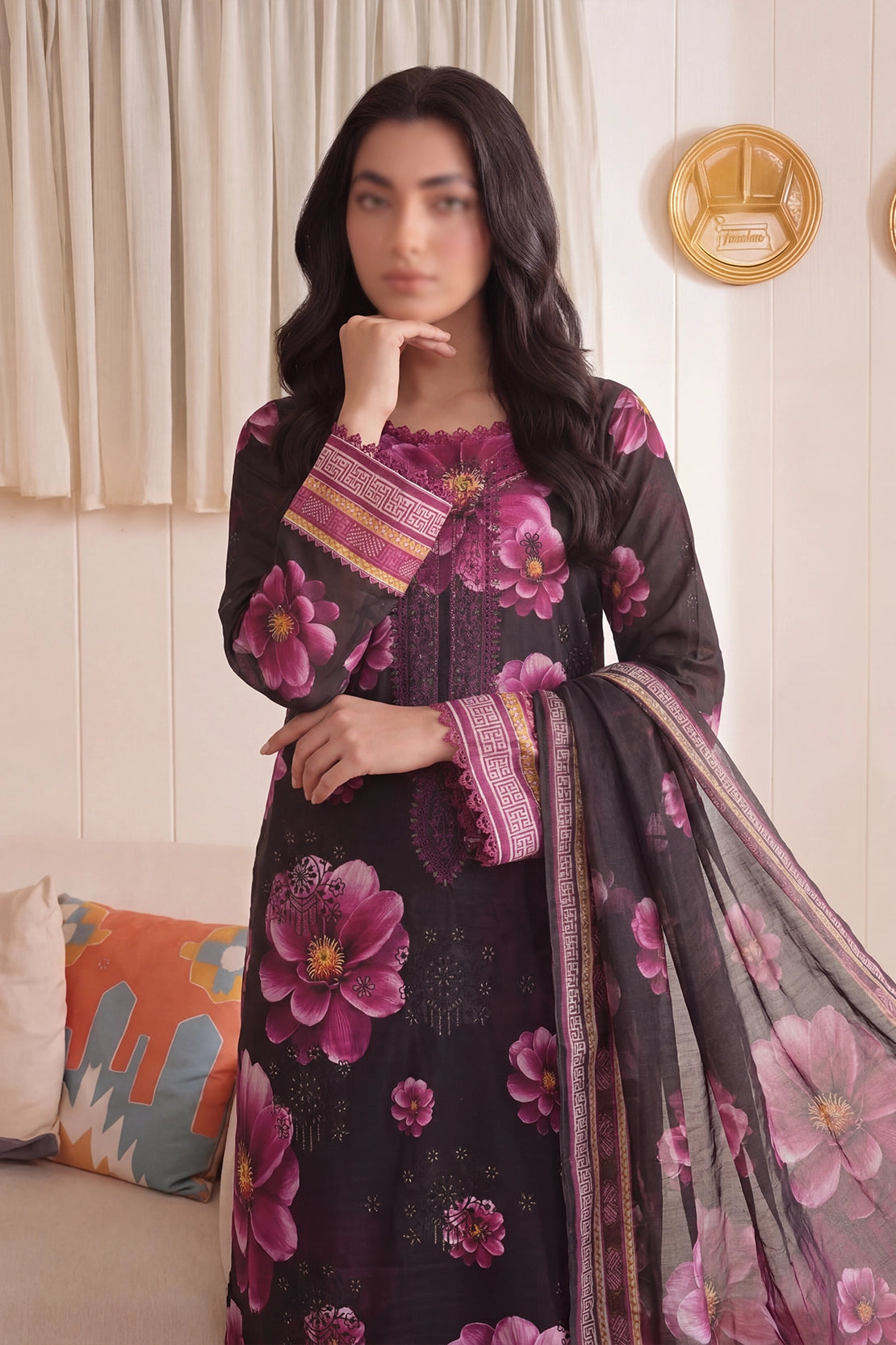 3 Piece - Embroidered Doriya Lawn - Saffron 132