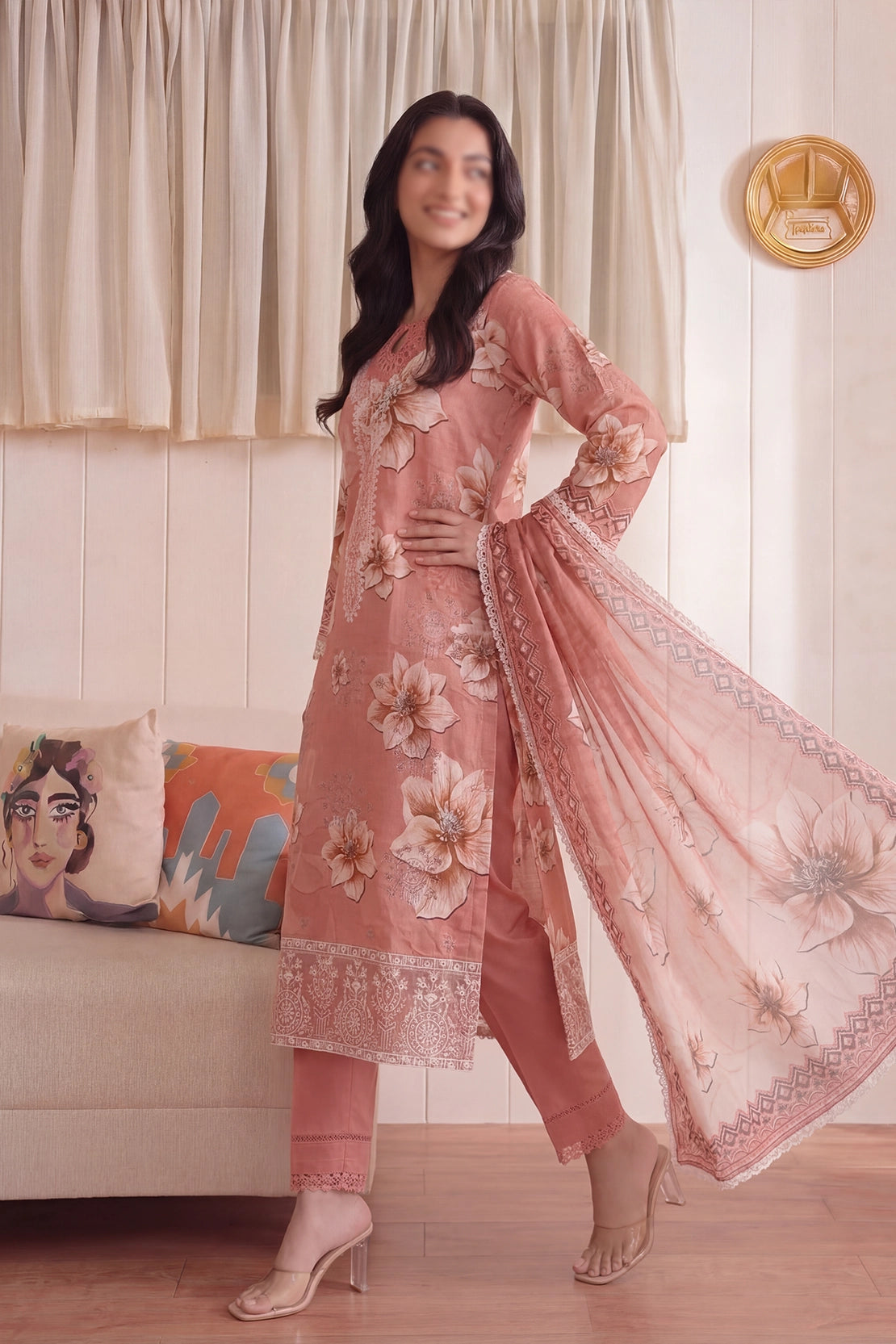3 Piece - Embroidered Doriya Lawn - Saffron 133