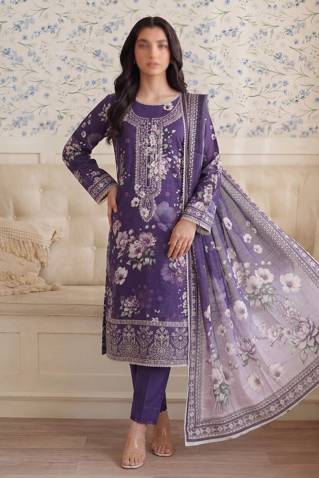 3 Piece - Embroidered Doriya Lawn - Saffron 135