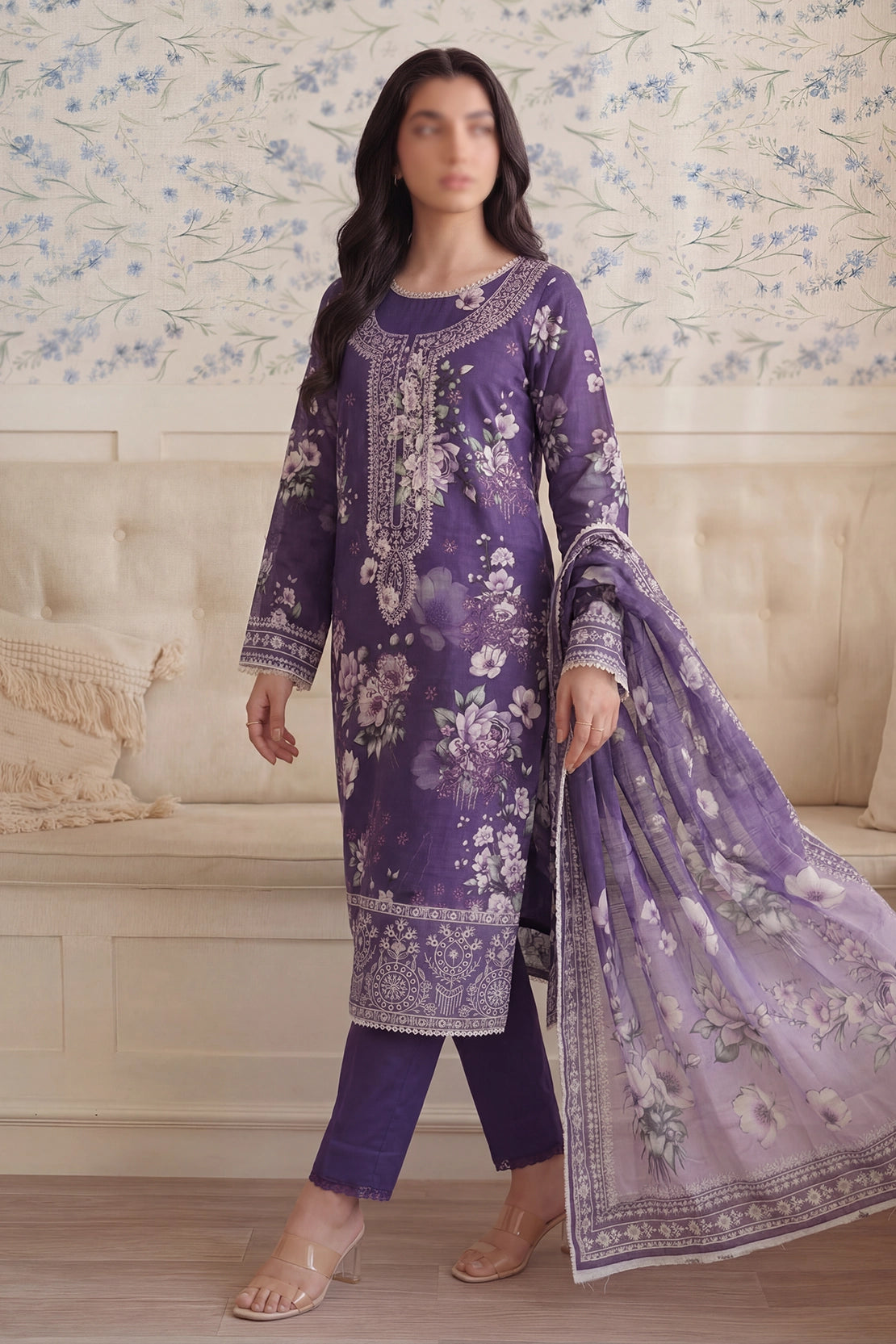 3 Piece - Embroidered Doriya Lawn - Saffron 135