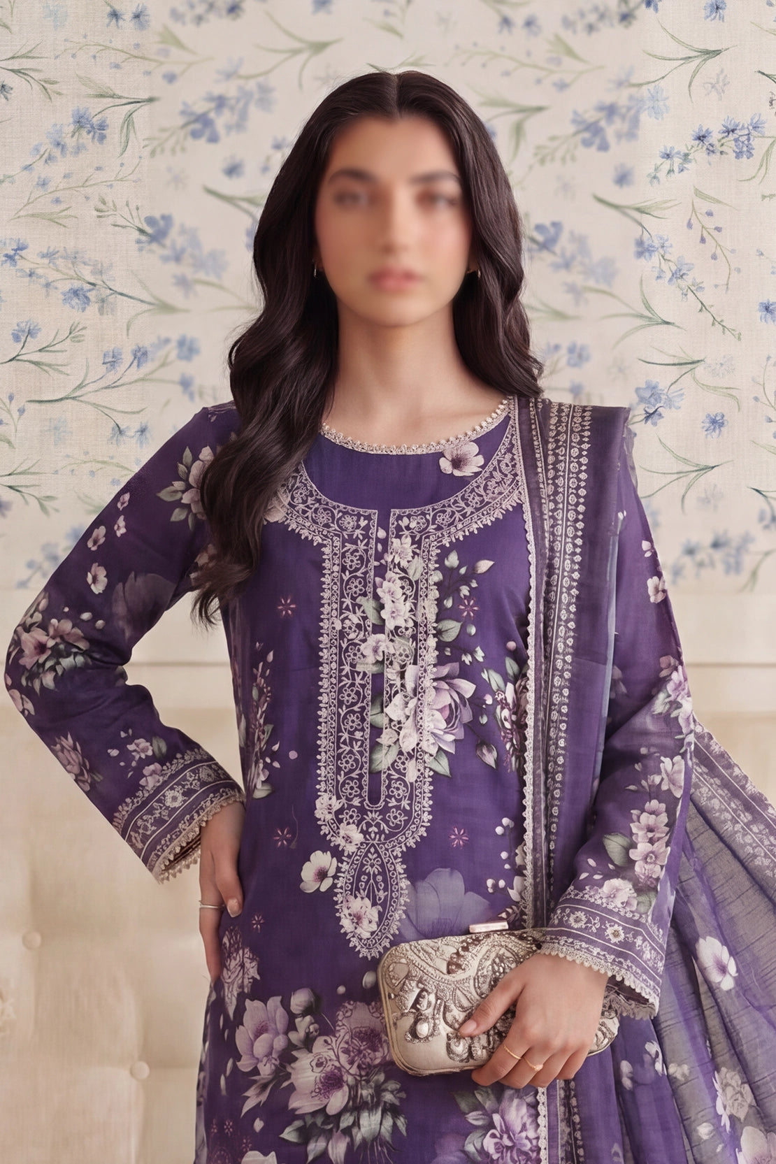 3 Piece - Embroidered Doriya Lawn - Saffron 135
